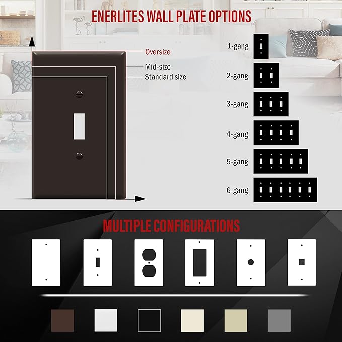 ENERLITES Toggle Light Switch Wall Plate, Jumbo Switch Cover, Gloss Finish, Oversized 1-Gang 5.5" x 3.5", Unbreakable Polycarbonate Thermoplastic, 8811O-BR-10PCS, Brown, 10 pack