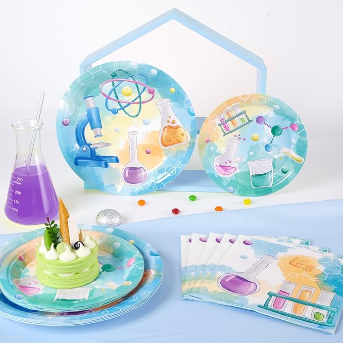 WERNNSAI Science Party Decorations - 48 Pcs Science Plates and Napkins Mad Scientist Birthday Decoration Chemistry Party Plates Set Little Scientist Labratory Favors Serves 16 Guests