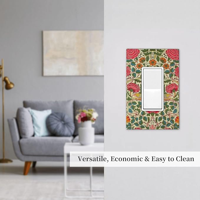 William Morris Roses Floral Single Light Switch Cover Plate VintageTulip Flower Plant Bird 1 Gang Rocker Outlet Covers Switchplate Decorative Electrical Faceplates for Bedroom Kitchen Décor