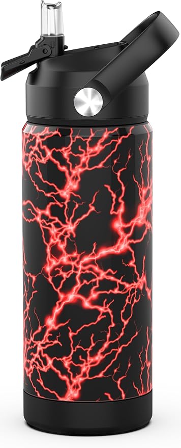 Boys Girls Water Bottle with Straw,18 oz Kids Insulated Cups with Stainless Steel Leak Proof for School,Sport&Travel（Lightning-Red）