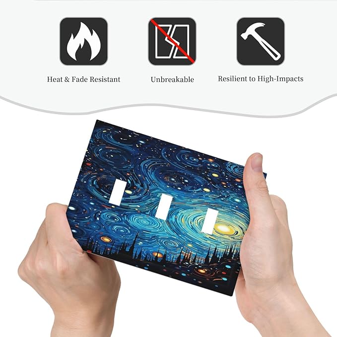 Decorative Light Switch Cover Plate Abstract Starry Night Style 3 Gang Wall Plate Triple Toggle Switch Plate Covers Electrical Outlet Cover for Home living Room Decor
