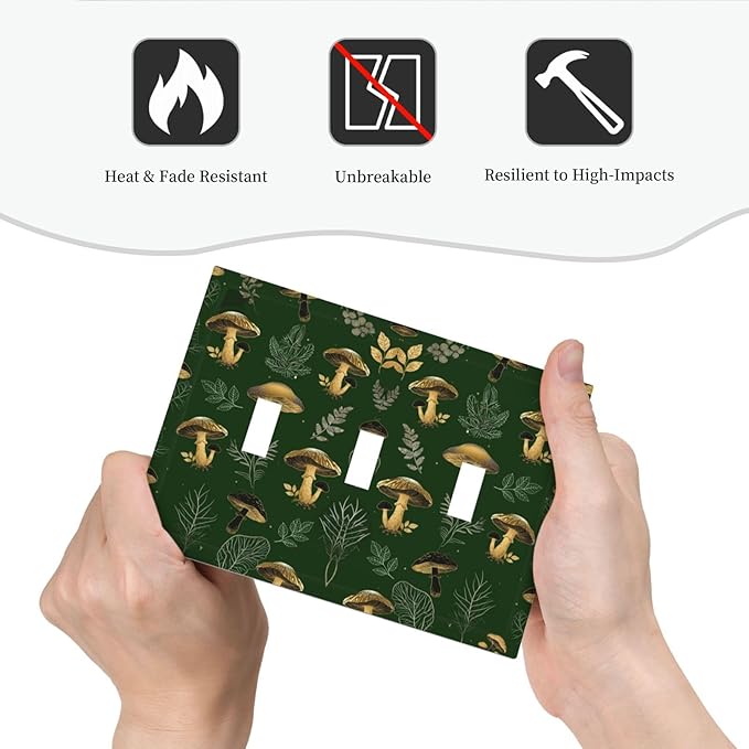 Decorative Light Switch Cover Plate Cute Gold Mushtroom Green Plant Leaf 3 Gang Wall Plates for Electrical Outlets Triple Toggle Switch Plate Covers Outlet Covers Faceplate for Home Decor