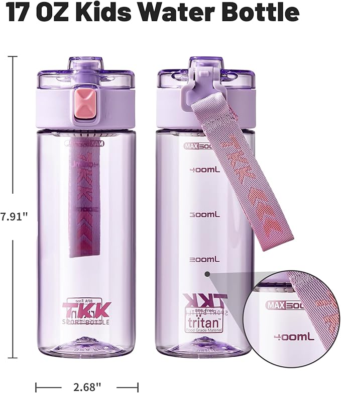 TKK Sports Water Bottle, 17oz Tritan Kid Jug with Leak Proof Lid & Handle Strap & Built-In Infuser - BPA-Free, Easy-Clean Design for Gym, Office & Outdoor Travel, Purple