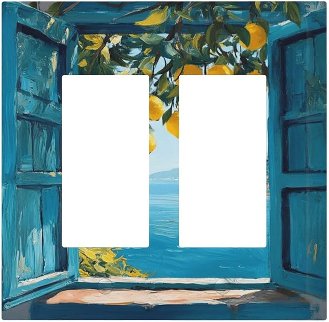 Window View Coastal Lemon Tree Mediterranean Landscape Decorative Outlet Covers 2 Gang Double GFCI Rocker Electrical Wall Panels Light Switch Cover Plate for Bedroom Living Room Decor
