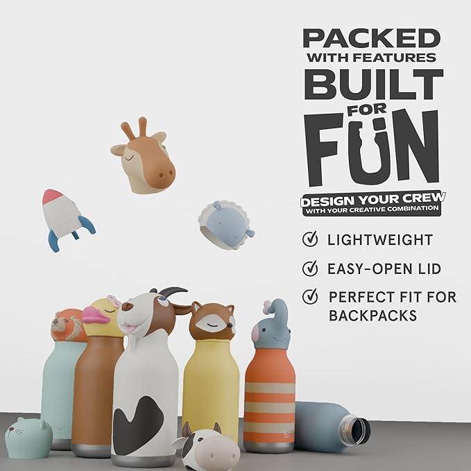 asobu Bestie Bottle Insulated Stainless Steel Water Bottle with Detachable Soft Animal Head Fun Drinking For Kids and Teens with Flexible Reusable Straw 16 Ounce