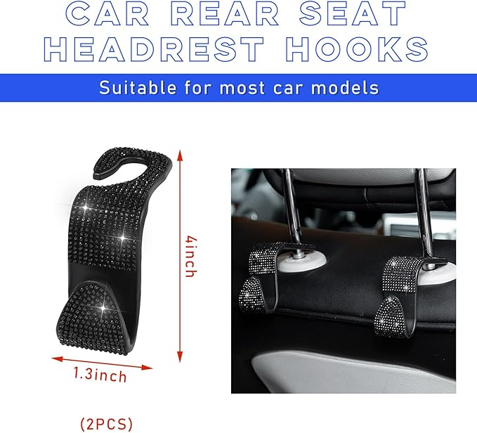 Ohleats 2 PCS Bling Car Seat Headrest Hooks, Crystal Rhinestone Back Seat Hanging Storage Organizer, Vehicle Seat Hanger Holder for Purse Handbag Coat, Interior Car Accessories (Black)