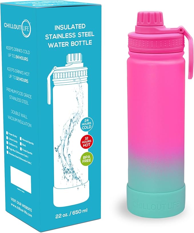 CHILLOUT LIFE 22 oz Kids Insulated Water Bottle for School with Leakproof Spout Lid and Cute Waterproof Stickers, Personalized Stainless Steel Thermos Flask Metal Water Bottle, Frozen Slushy