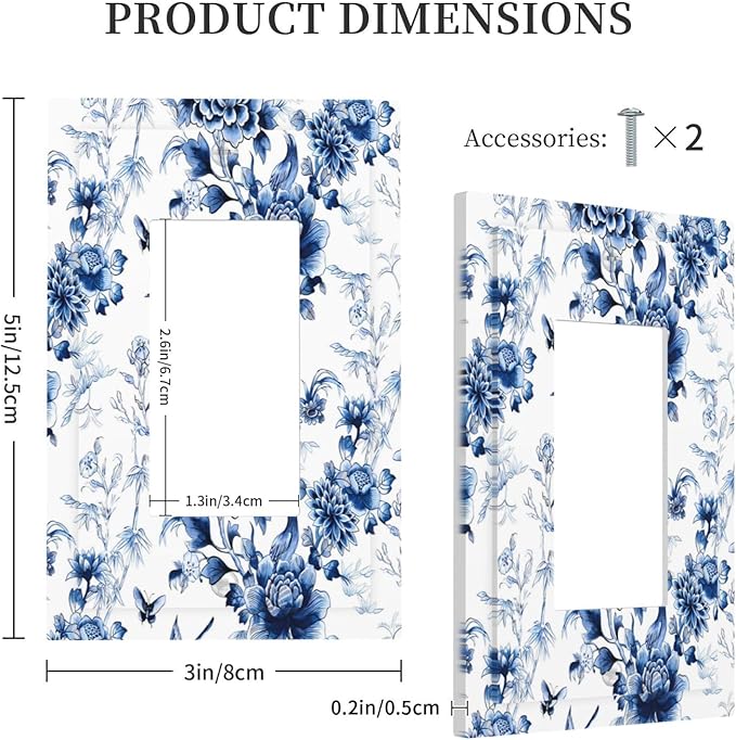 Blue Flower White Floral Plant Bird Butterfly Decorative Outlet Covers 1 Gang Single Rocker Light Switch Cover Plate Wall Plates GFCI Faceplate for Bedroom Living Room Decor