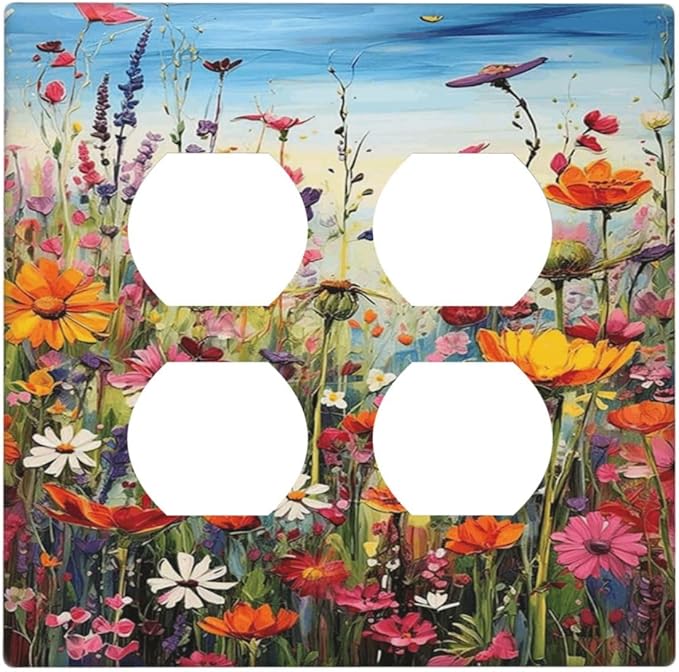 Colorful Wildflowers Painting Floral Flower Outlet Covers 2 Gang Double Duplex Decorative Light Switch Covers Electrical Wallplates Socket Faceplate for Bedroom Living Room Decor