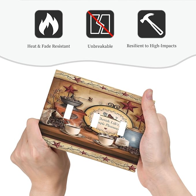 Simple Home Country Life Triple Toggle Decorator Outlet Light Switch Wall Plate Cover Kitchen Western Cabin Coffee Beans Cup Bar Clock Jumbo Decorative 3 Gang Three Device Receptacle Faceplate Cover