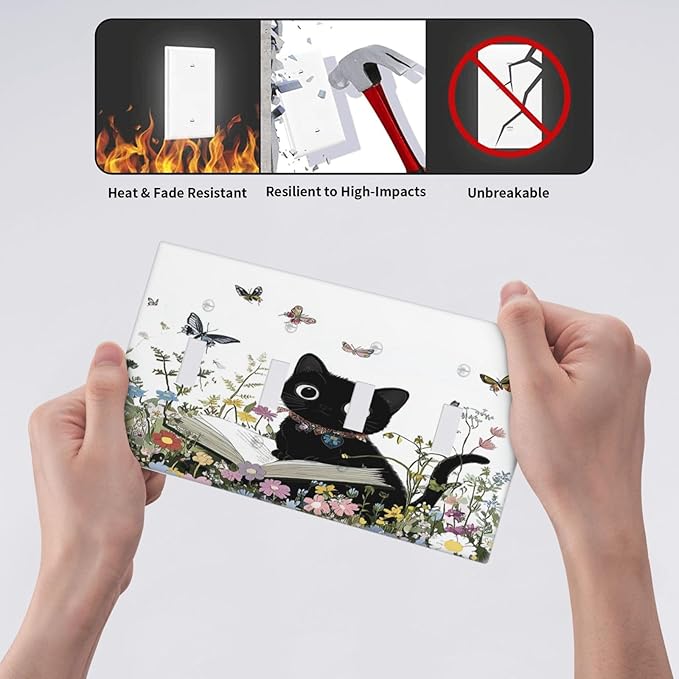 Light Switch Covers Cute Cat Wildflowers Boho Flowers Floral Quad Toggle Electrical Faceplate 4 Gang Wall Plate Decorative Switch Plates For Nursery Kids Room Decor