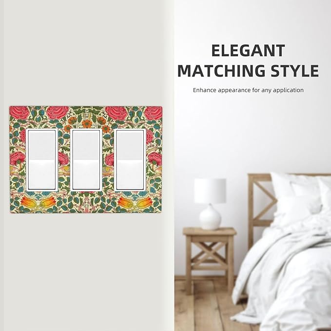 William Morris Roses Floral Triple Rocker Light Switch Cover VintageTulip Flower Plant Bird 3 Gang Rocker Outlet Covers Decorative Electrical Wall Plate for Country Bedroom Home Decor