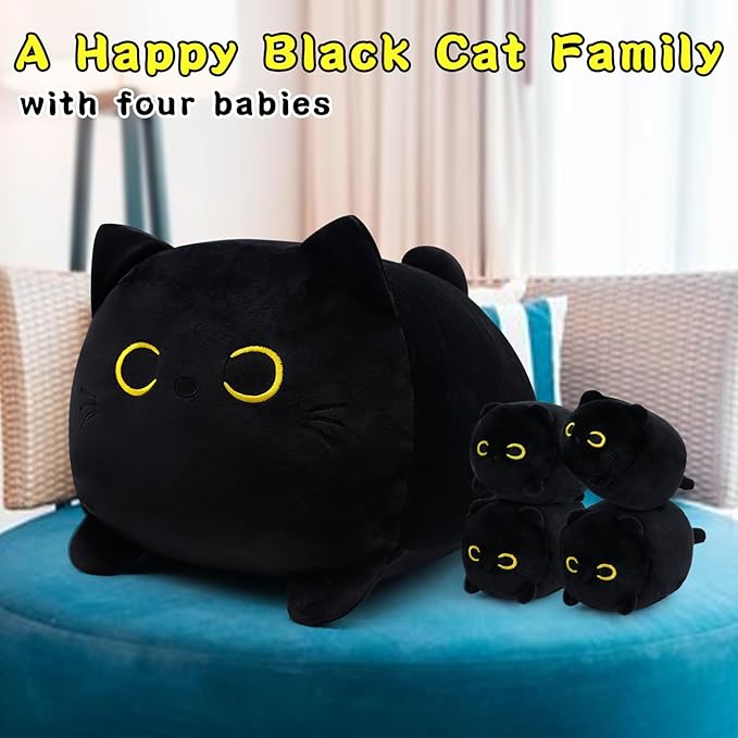Cat Stuffed Animals with Babies, Black Cat Plush with Babies, Mommy Cat with 4 Baby Kittens Kawaii Black Cat Plushie Toy Birthday Gifts for Kids Boys Girls