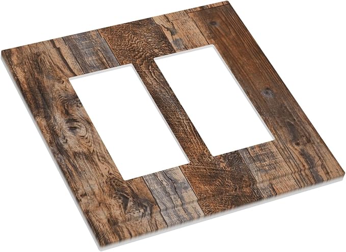 Vintage Board Rustic Brown Wood Texture Decorative Outlet Covers 2 Gang Double GFCI Rocker Electrical Wall Panels Light Switch Cover Plate for Farmhouse Home Decor