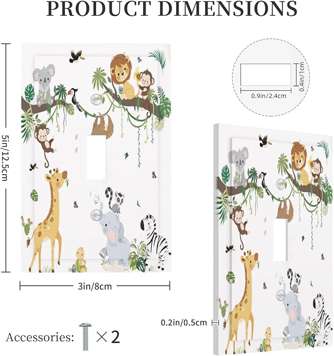 Jungle Animals Tree Branch Monkey Giraffe Lion Elephant Decorative Light Switch Cover 1 Gang Single Toggle Device Electrical Faceplate Switchplates Decorator Outlet Wall Plate for Kids Room Nursery