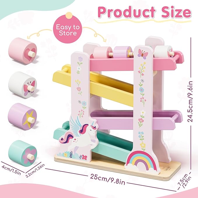 Lehoo Castle Wooden Car Ramp Toys for 1 Year Old Girl Birthday Gifts, Unicorn Montessori Toys for One Year Old, Wooden Race Track with 4 Rollers Toddler Toys for 2 Year Old Girl