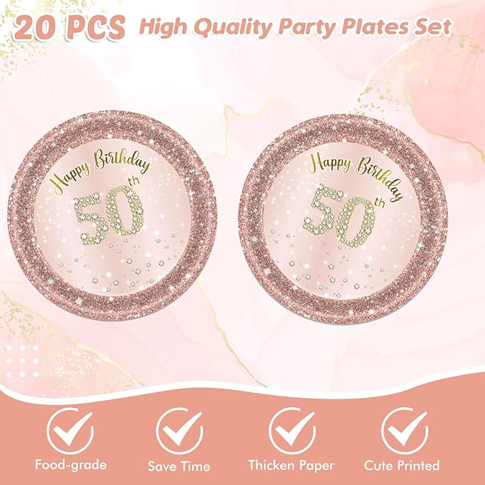 Ryzovo 41Pcs 50th Birthday Decorations, Rose Gold Birthday Party Supplies Include 20Pcs Plates 20Pcs Napkins and 1Piece Tablecloth, Sweet Fifty Year Old Birth Party Tableware for Girl Ladies Women