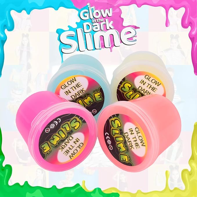 4 Pack Glow in The Slime Kit with Axolotl Charms, 4 Neon Party Favors for Kids, Sensory Toy for Boys & Girls, Non-Toxic, Stretchy, Gooey Fun, Birthday, Halloween, Classroom & Treat Bags