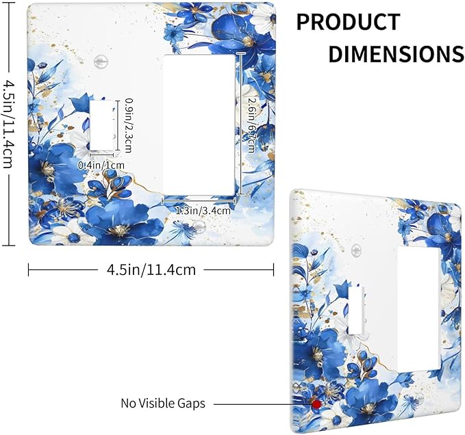 Klein Blue Flowers Watercolor Golden White Floral Outlet Covers 1 Toggle 1 Rocker Combination Decorative Wall Plate Electrical Switch Plates Light Switch Cover Plate for Bedroom Living Room Decor
