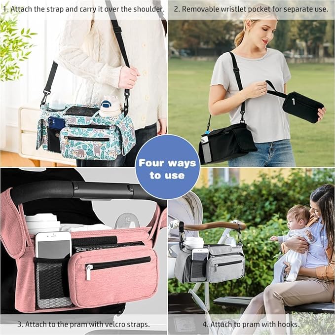 Baby Stroller Organizer, Universal Stroller Organizer with Detachable Phone Bag, Stroller Caddy with 2 Insulated Cup Holders, Buggy Organizer Bag with 2 Hooks Fits Most Strollers (Sloth)