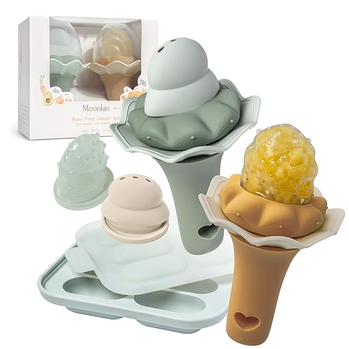 Moonkie Baby Fruit Feeder with Freezer Tray, BPA Free Silicone Food Feeder for Infant Self Feeding, Breastmilk Popsicle Molds, Mesh Feeder with Two Pouches, Baby Shower Gifts 4 Months+, 2 Pack