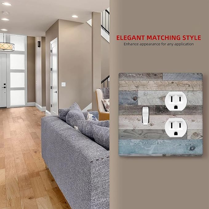 2-Gang 1-Toggle 1-Duplex Combination Wall Plate Vintage Rustic Western Kitchen Country Style Teal Blue Wooden Wood Plank Two Combo Double Device Toggle/Outlet Receptacle Light Switch Face Plate Cover