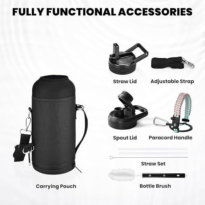 RAYMYLO Insulated Water Bottle 32 oz, Triple Wall Vacuum Stainless Steel (Cold for 24Hrs, Hot for 12Hrs), Leak Proof & Non-BPA, Modern Water Flask Jug with Paracord Handle & Straw Spout Lids