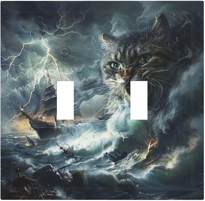 Light Switch Cover Plate funny Cat Stormy sea Lightning Sailboats 2 Gang Double Toggle Decorative Switch Plates Wall Plates Electrical Faceplate for Bathroom Kid Room Decor