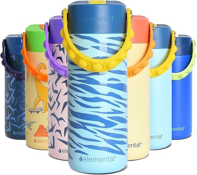 Elemental Insulated Kids Water Bottle, Stainless Steel Water Bottle with Straw Lid & Pop-It Handle, Leak-Proof Water Bottles for School, Boys or Girls, Travelling and Sports, 18oz - Spirit Tiger