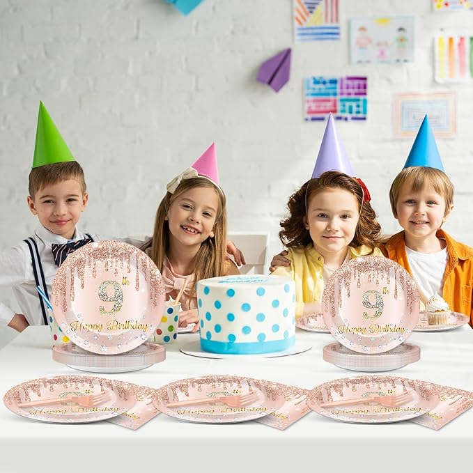 96 Pcs Rose Gold 9th Birthday Party Plates and Napkins for Girls Rose Gold Party Supplies Pink Happy 9 Years Birthday Party Tableware Set for 24 Guests Party Decorations