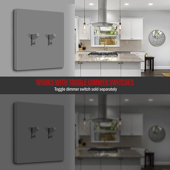 ENERLITES Screwless Double Toggle Switch Wall Plate, Child Safe Dual Light Switch Cover, Standard Size 2-Gang 4.68" x 4.73", Unbreakable Polycarbonate Thermoplastic, UL Listed, SI8812-GY, Glossy, Gray