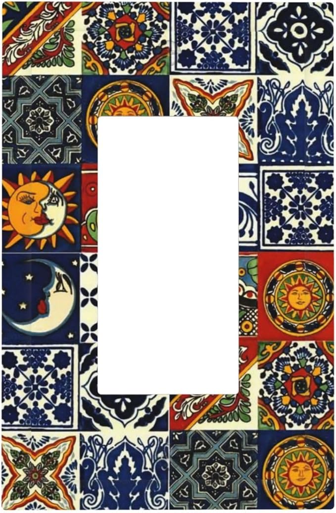Retro Kitchen Boho Sun Moon Mexican Talavera Tile 1-Gang Decorator Rocker Outlet Light Switch Cover Moroccan Mosaic Tiles Decorative Single Device GFCI Receptacle Switch Wall Plate Dimmer Mid Size