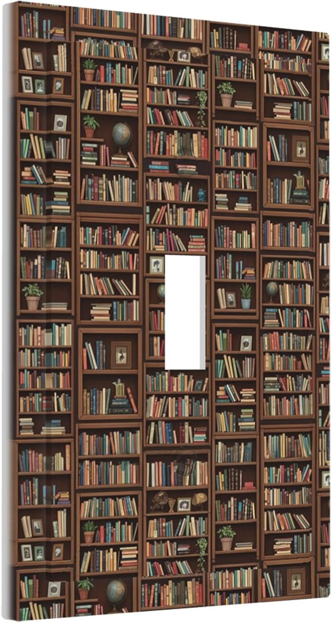 Vintage Library Bookshelf 1-Gang Toggle Light Switch Plate, Dark Academia Book Lover's Cozy Bookshelf Decorative Wall Plate for Study Room Decor