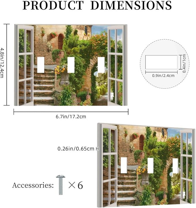 Mediterranean Greece Scene Flowers Triple Toggle Light Switch Cover 3 Gang Wall Plate Decorative Italian Town from Another Window Electrical Facplate for Bathroom Kitchen Home 6.7" x 4.8"