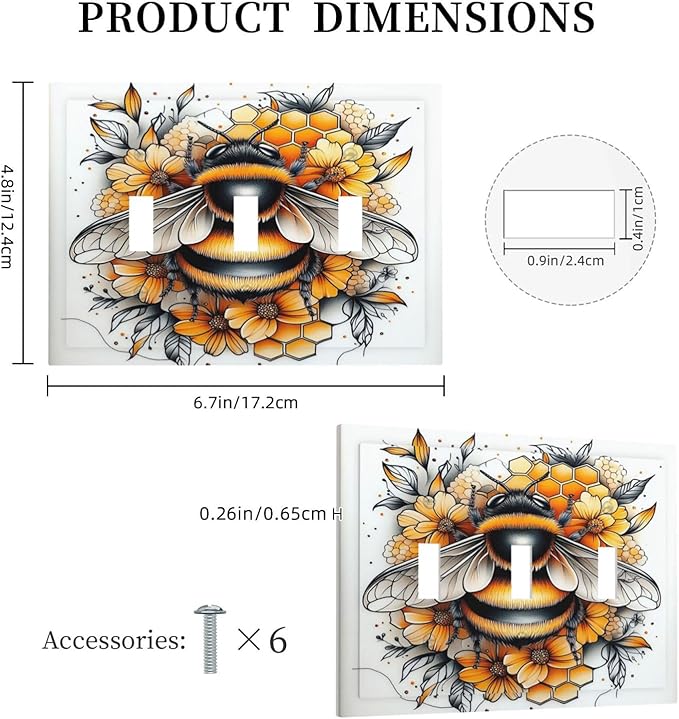 Decorative Switch Plates Bee Honeycomb Flowers Plant Leaves 3 Gang Wall Plate Triple Toggle Light Switch Cover Faceplate Electrical Wall Panels For Nursery Kids Room Decor