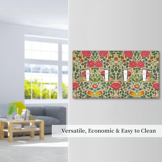 William Morris Roses Floral Quad Toggle Light Switch Cover VintageTulip Flower Plant Bird 4 Gang Wall Plate Decorative Electrical Switchplates Covers for Bedroom Living Room Decor
