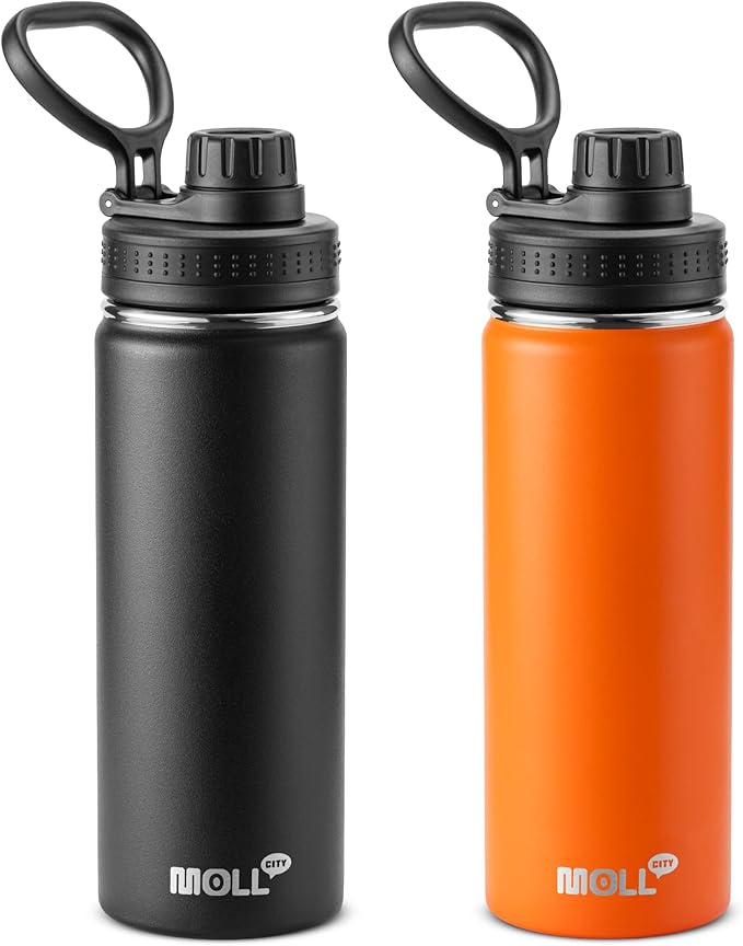18 oz Water Bottle Stainless Steel Vacuum Insulated Wide Mouth Sports Flask, 2 Pack Water Bottle with Leakproof Spout Lid (Orange-Black)