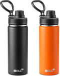 18 oz Water Bottle Stainless Steel Vacuum Insulated Wide Mouth Sports Flask, 2 Pack Water Bottle with Leakproof Spout Lid (Orange-Black)