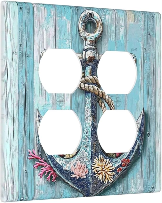 Outlet Covers Anchor Coastal Beach Nautical Coral 2 Gang Double Duplex Decorative Light Switch Covers Electrical Wallplates Socket Faceplate For Farmhouse Cabin Decor