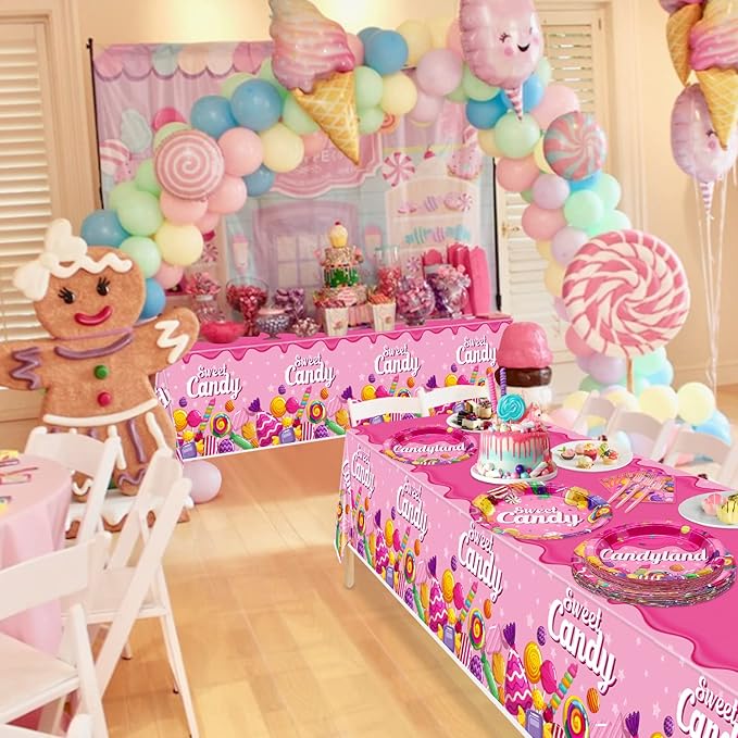 Candyland Party Decorations - 81Pcs Plates, Napkins, Candy Tablecloth, Pink Forks Set for Lollipop Theme Birthday Party Decorations Candy Theme Party Supplies, Serve 20