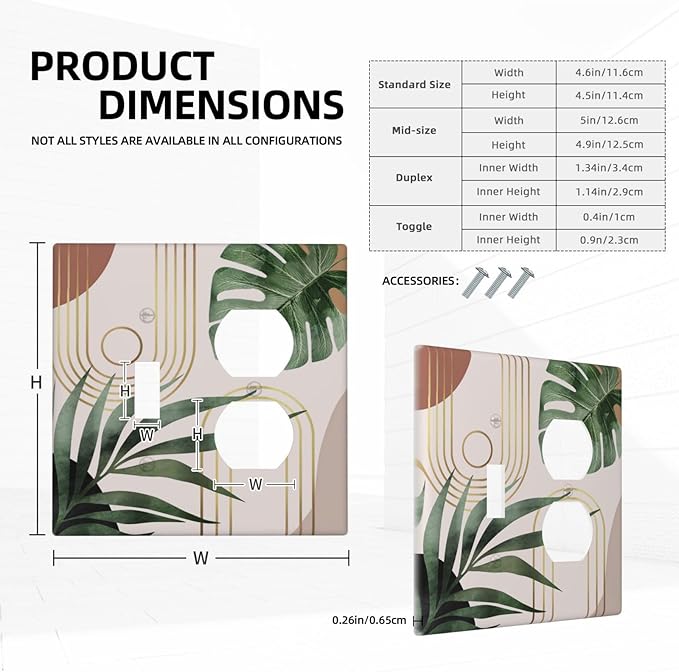 Tan Beige 70s Middle Mid Century Boho Art 2 Gang 1-Toggle/1-Duplex Combination Light Switch Cover Palm Leaf Aesthetics Sun Abstract Device Single Toggle Dual Receptacle Outlet Face Wall Plate Cover