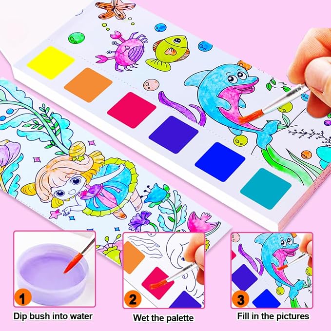 JUNQIU Paint with Water Books for Kids Ages 4-8, Watercolor Painting Coloring Books for Toddlers, Magic Paint Set for Kids, Art Craft Set for Drawing with Brush(2 Pack)