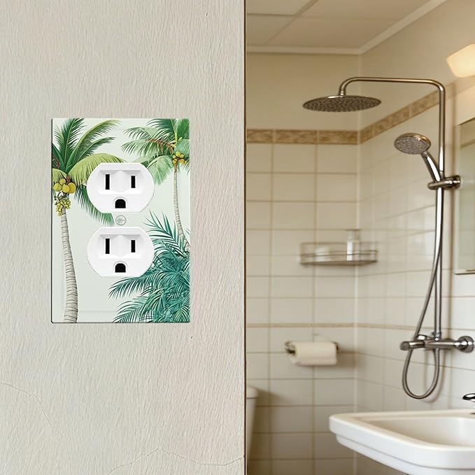 Tropical Palm Tree & Paradise Leaves Duplex Wall Plate - 1-Gang Standard US Size Island Vacation Vibes Outlet Covers for Living Room Decor