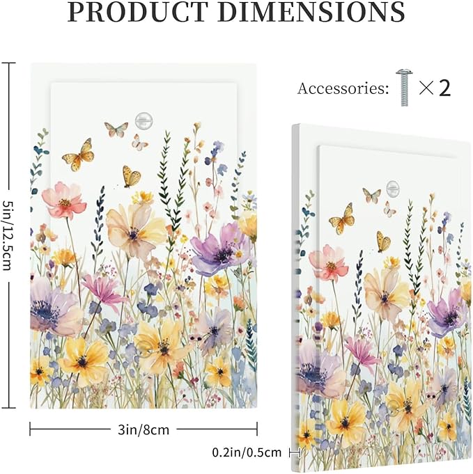Wildflowers Colorful Flower Butterfly Floral Light Switch Cover Plate 1 Gang No Device Blank Electrical Wall Plates Faceplate Decorative Switch Plate Covers for Farmhouse Bedroom Decor