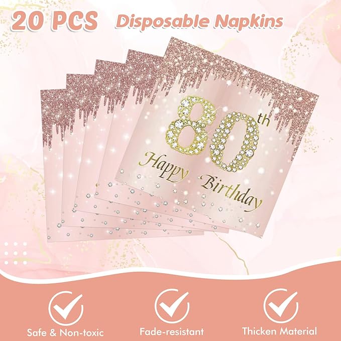 Ryzovo 41Pcs 80th Birthday Decorations, Rose Gold Birthday Party Supplies Include 20Pcs Plates 20Pcs Napkins and 1Piece Tablecloth, Sweet Eighty Year Old Birth Party Tableware for Girl Ladies Women
