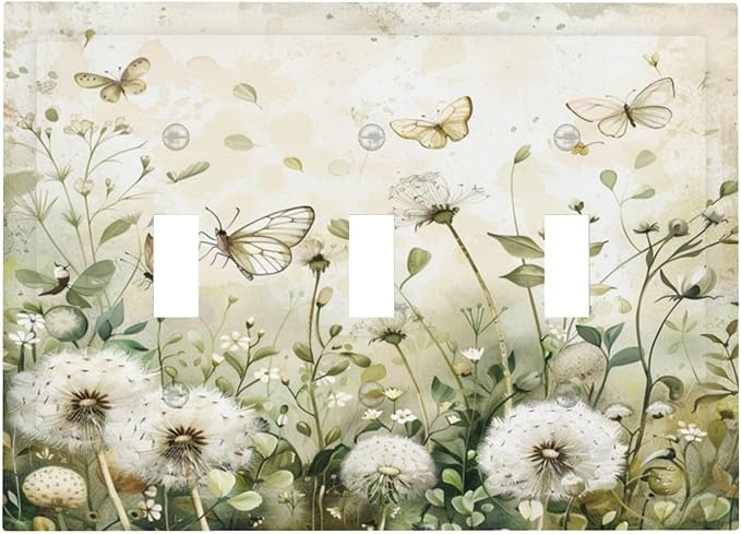 Light Switch Cover Plate Watercolor Butterflies Dandelions Wildflowers 3 Gang Triple Toggle Decorative Switch Plates Wall Plates Electrical Switchplate Faceplate for Bathroom Bedroom Decor