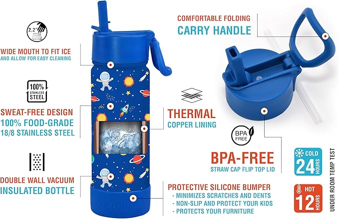 CHILLOUT LIFE 17 oz Kids Insulated Water Bottle for School with Straw Lid Leakproof and Cute Waterproof Stickers, Personalized Stainless Steel Thermos Flask Metal Water Bottle, Blue Space