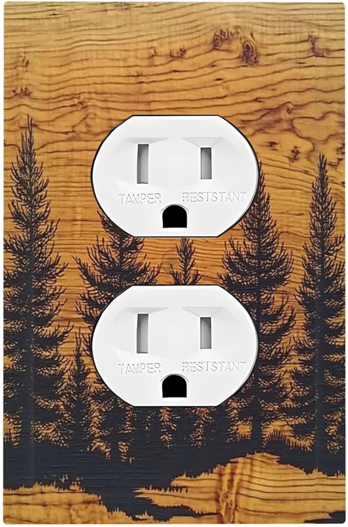 Outlet Covers Forest Pine Silhouette Rustic Wood Grain 1 Gang Duplex Light Switch Cover Decorative Switch Plates Electrical Receptacle Faceplate Wall Plate For Farmhouse Cabin Decor