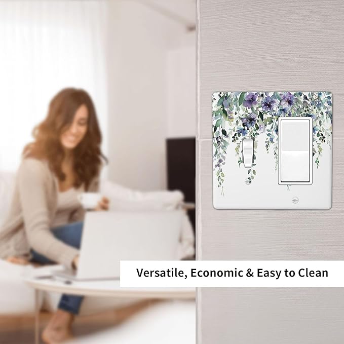 Outlet Covers Blue Purple Eucalyptus Leaves Boho Botanical 2 Gang Combo Light Switch Cover Plate Toggle Rocker Wallplates Decorative Switch Plates and Outlet Covers for Bathroom Home Decor