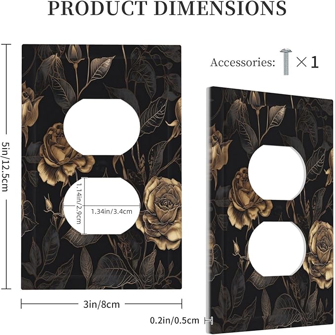 Black Floral Dark Vintage Gold Rose Flower Outlet Covers 1 Gang Duplex Light Switch Cover Decorative Switch Plates Electrical Receptacle Faceplate Wall Plate for Bedroom Living Room Decor